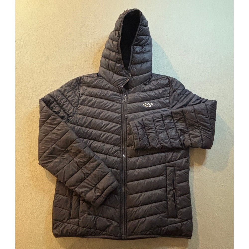 Hollister Puffer Jacket Mens L Black Hooded Full Zip Quilted Winter Coat